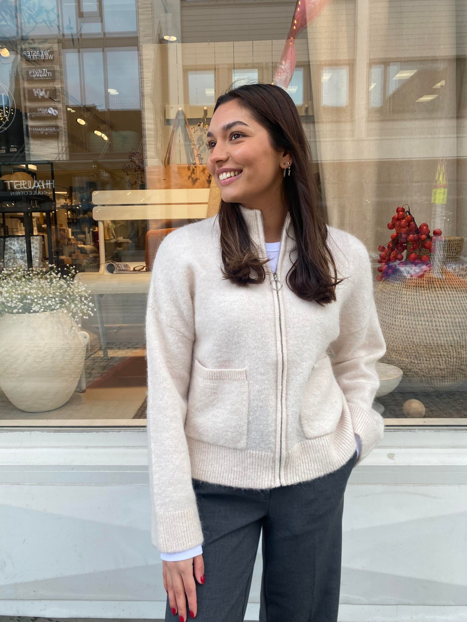 Sia Ras Zipper Strikket Cardigan - Beige/ Birch